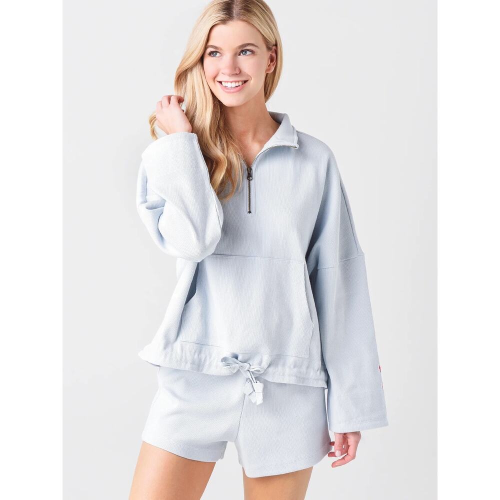 The Upside Women's Ezi Tiena 1/4 Zip XS Plain Air Blue Ribbed Loungewear NWT